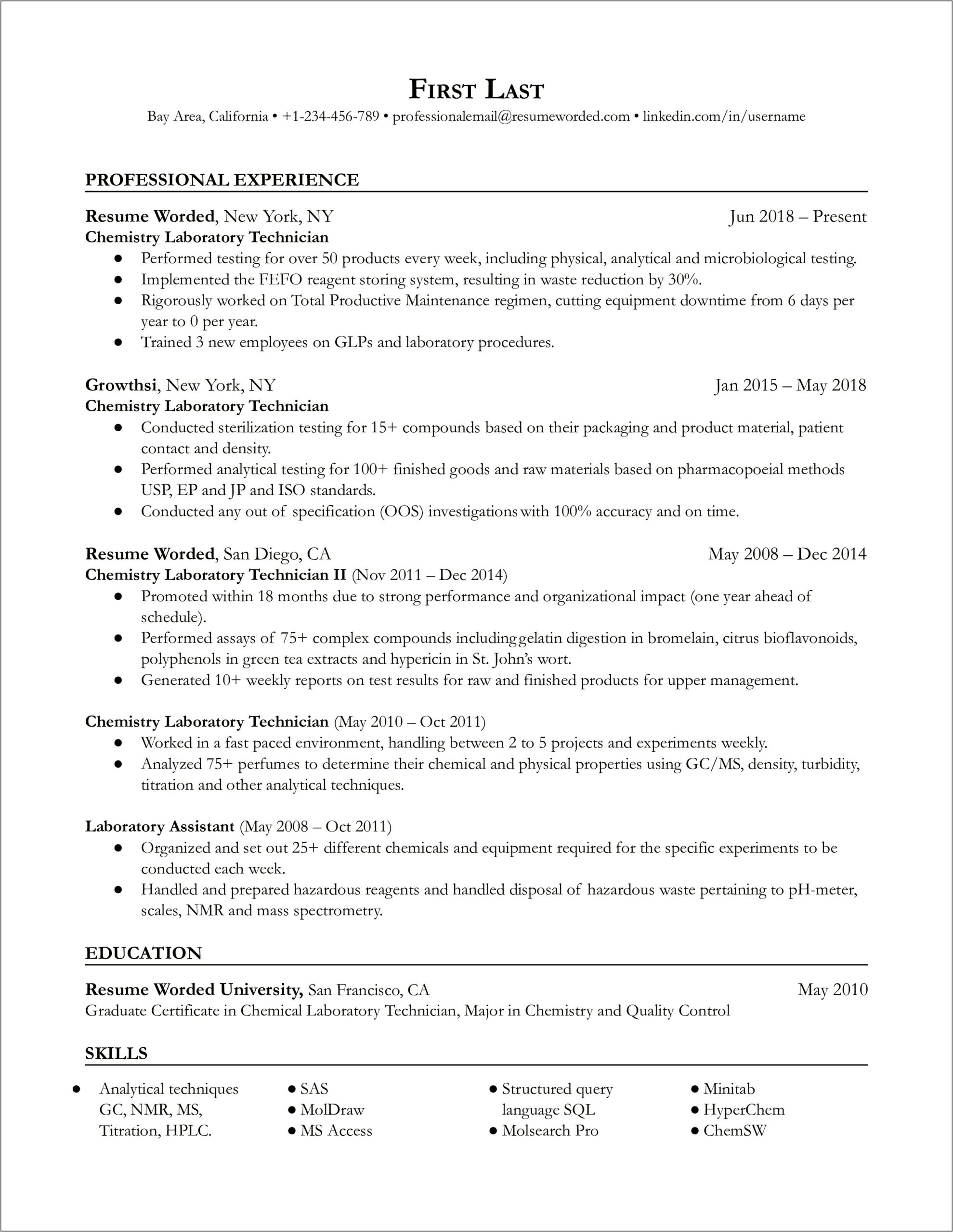 Chemical Lab Technician Resume No Experience