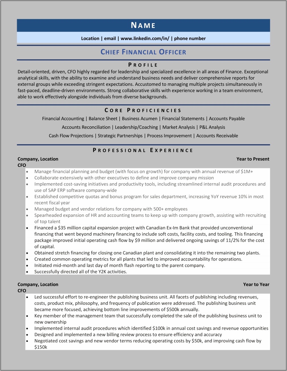 Chief Financial Officer Job Description For Resume