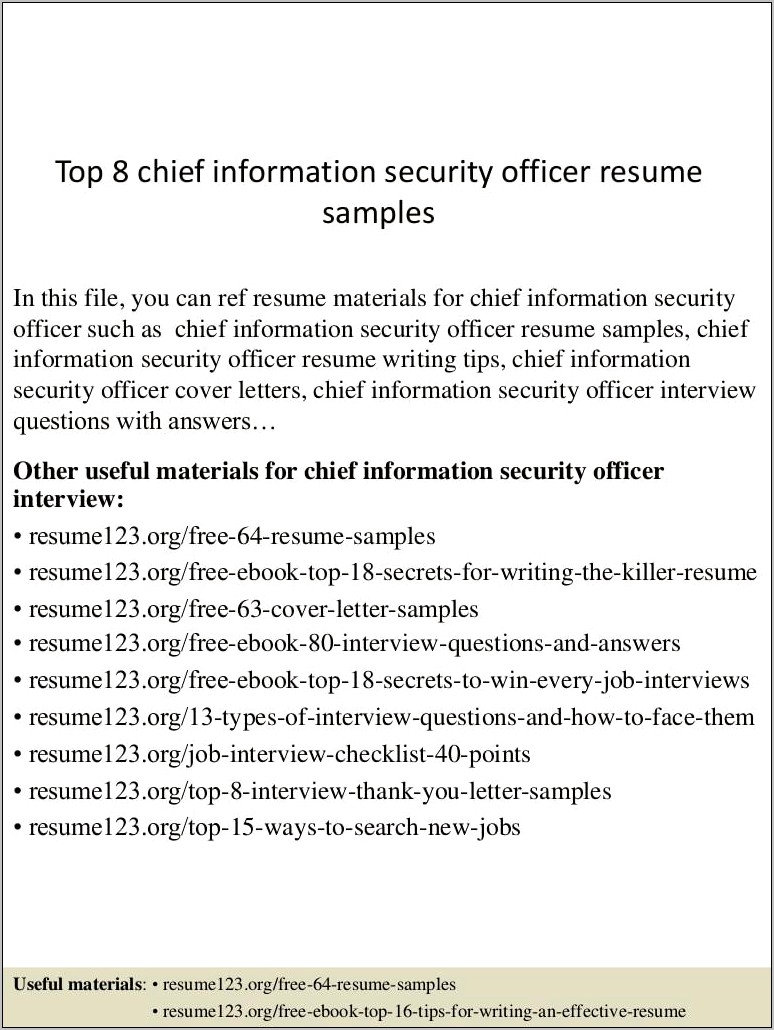 Chief Information Security Officer Sample Resumes