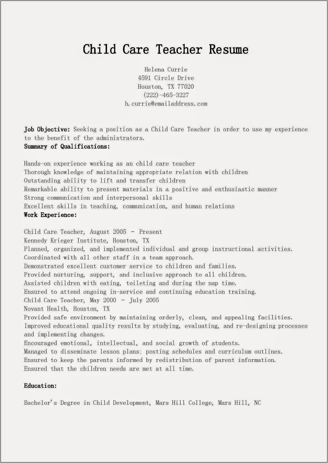 Child Care Director Job Description Resume