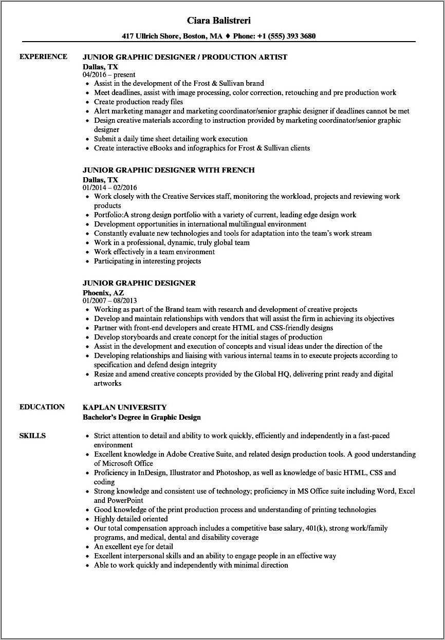 Chronological Resume Graphic Designer Experience Text