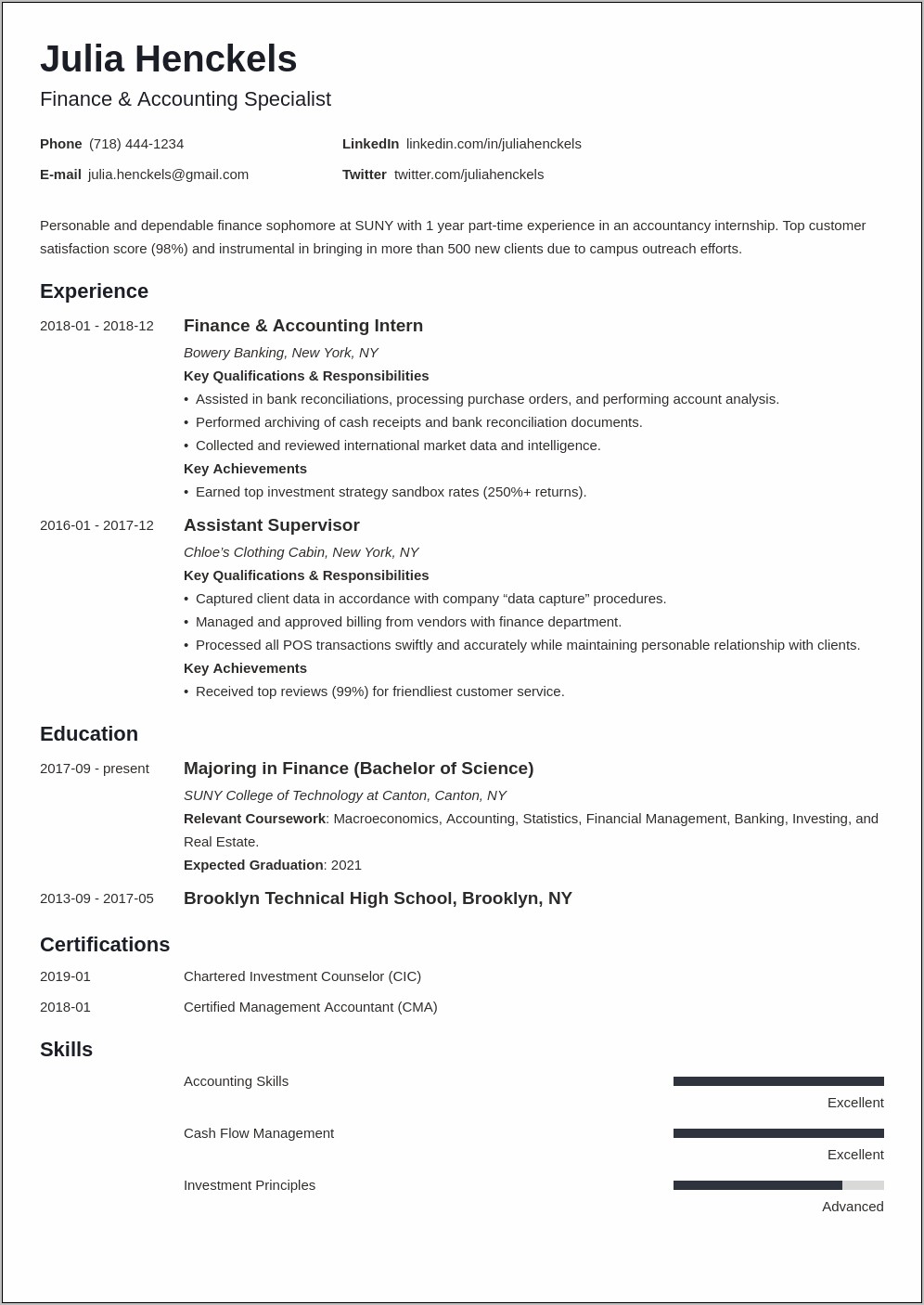 Chronological Resume Sample For College Student