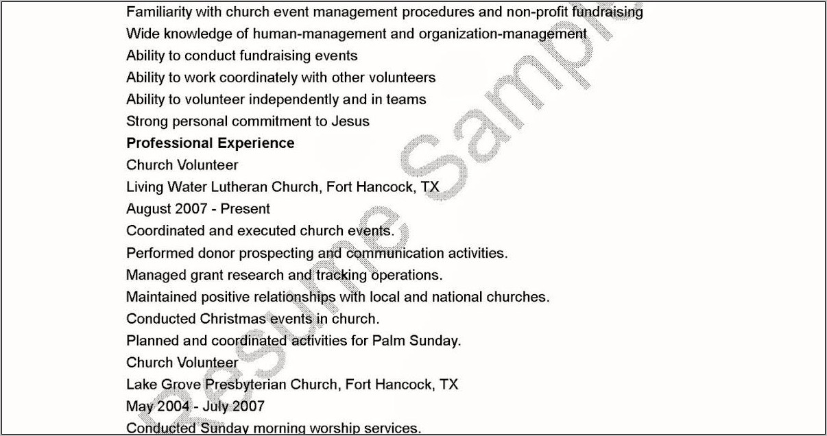 Church Volunteer Job Description For Resume