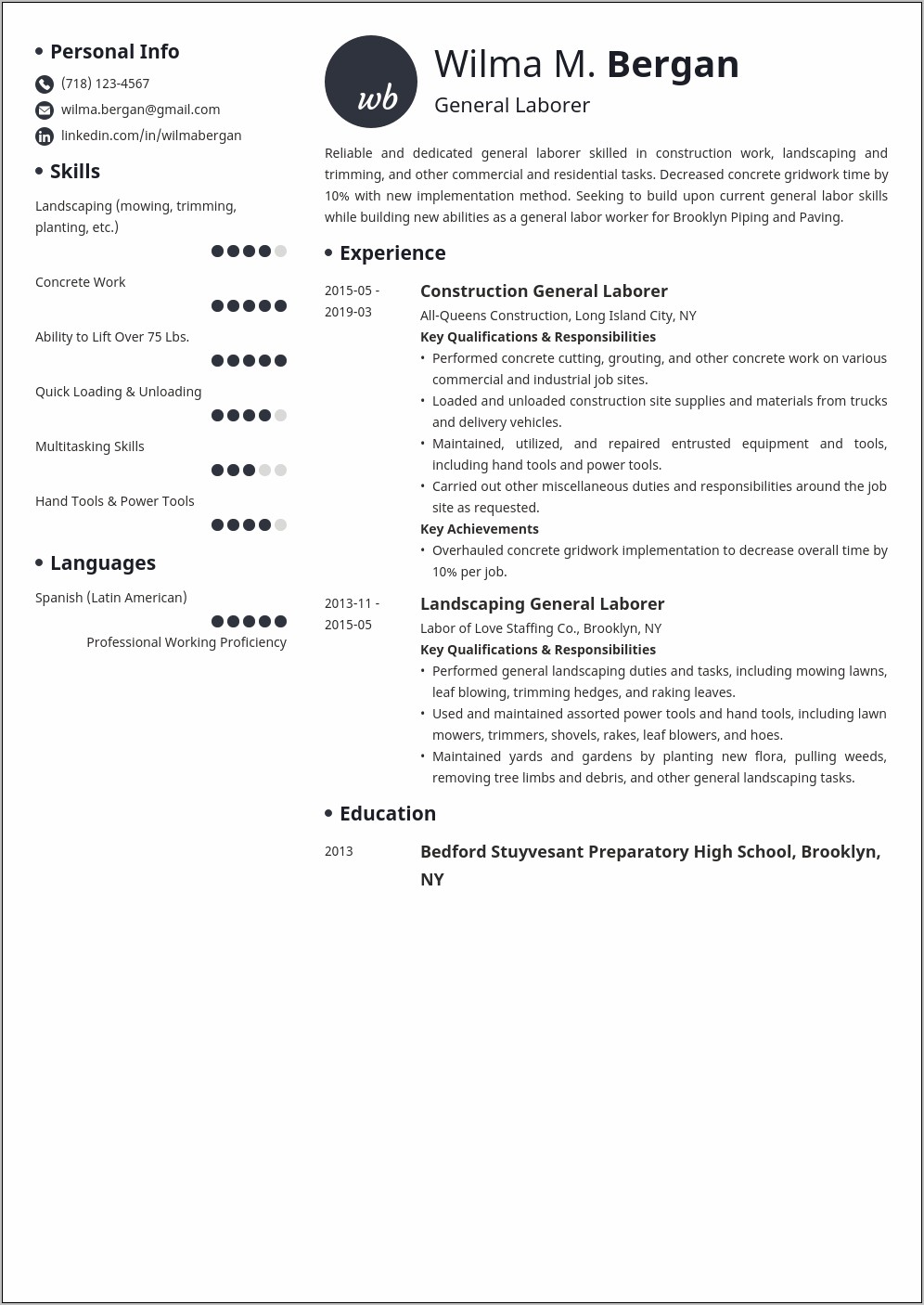 City Public Works Laborer Resume Examples