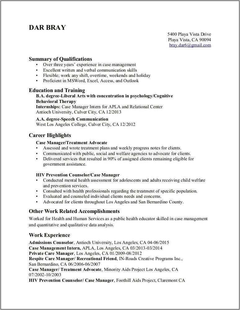 City Social Worker Case Manager Resume
