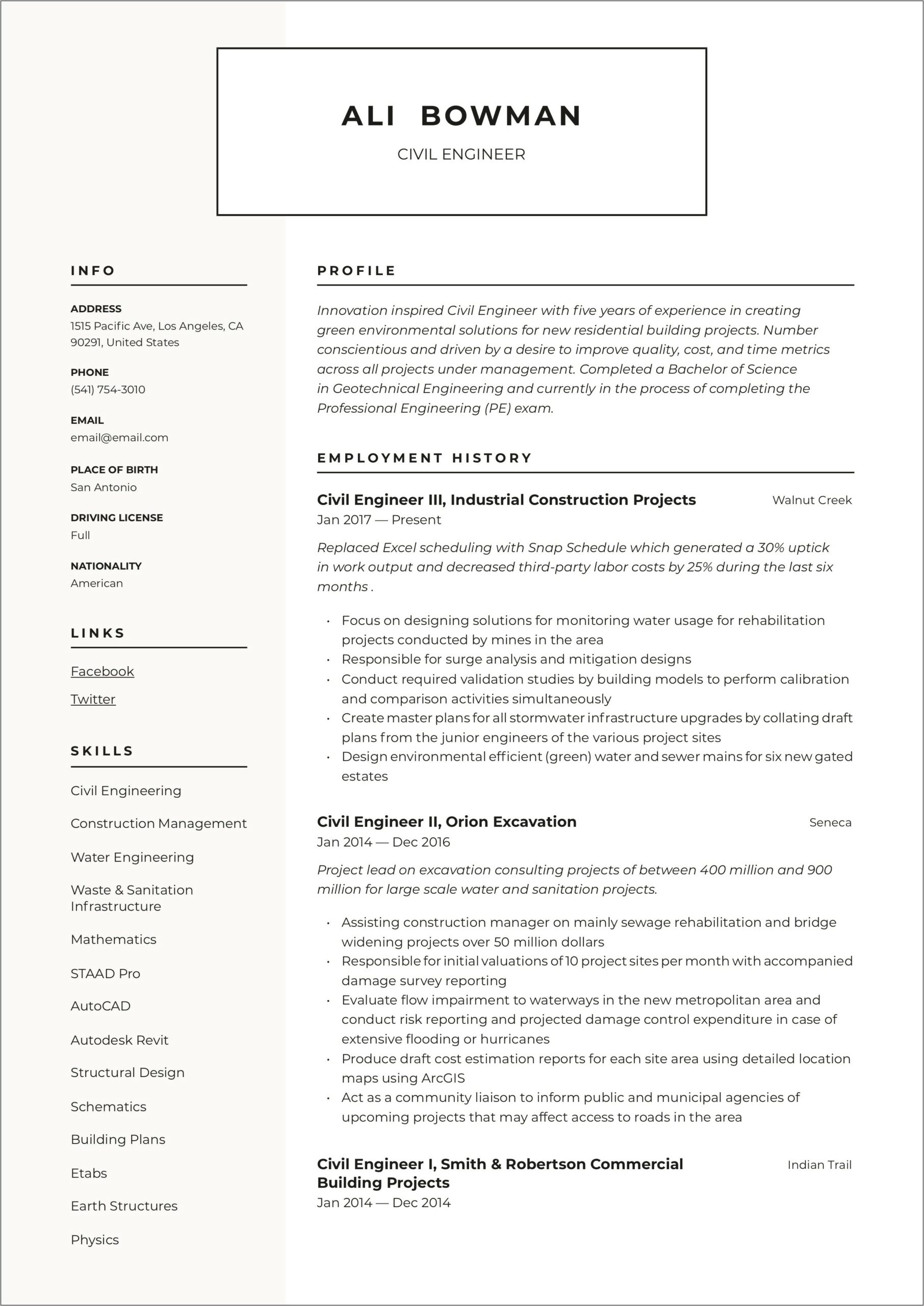Civil Engineering Resume With Experience Personal Details