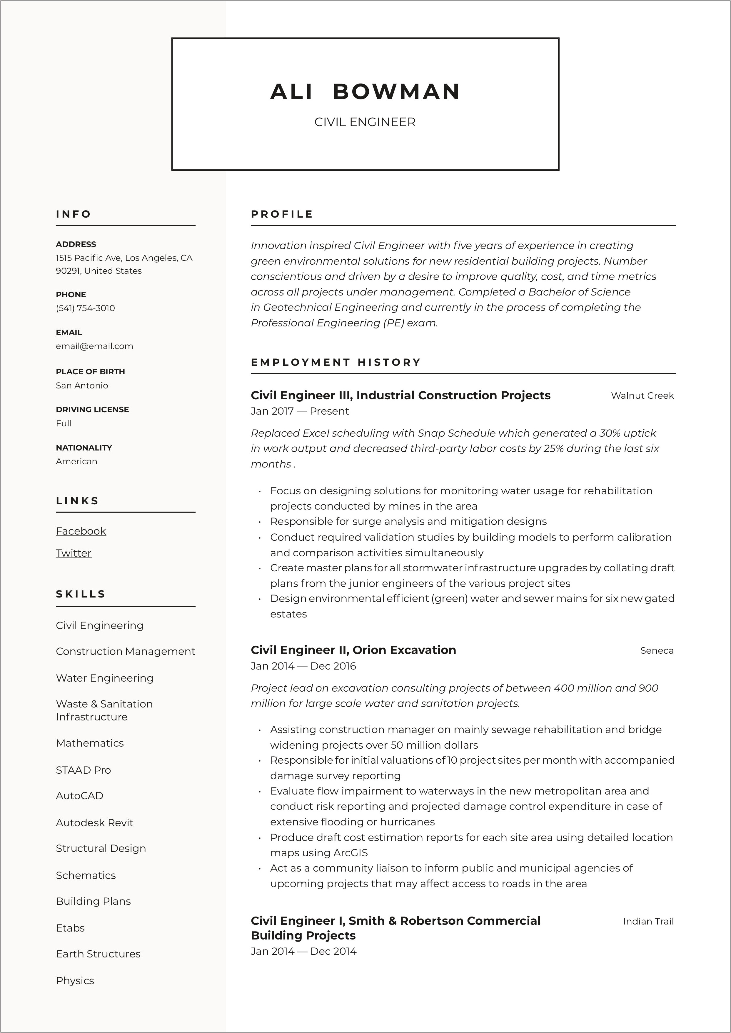 Civil Engineering Resume With Experience Personal Details