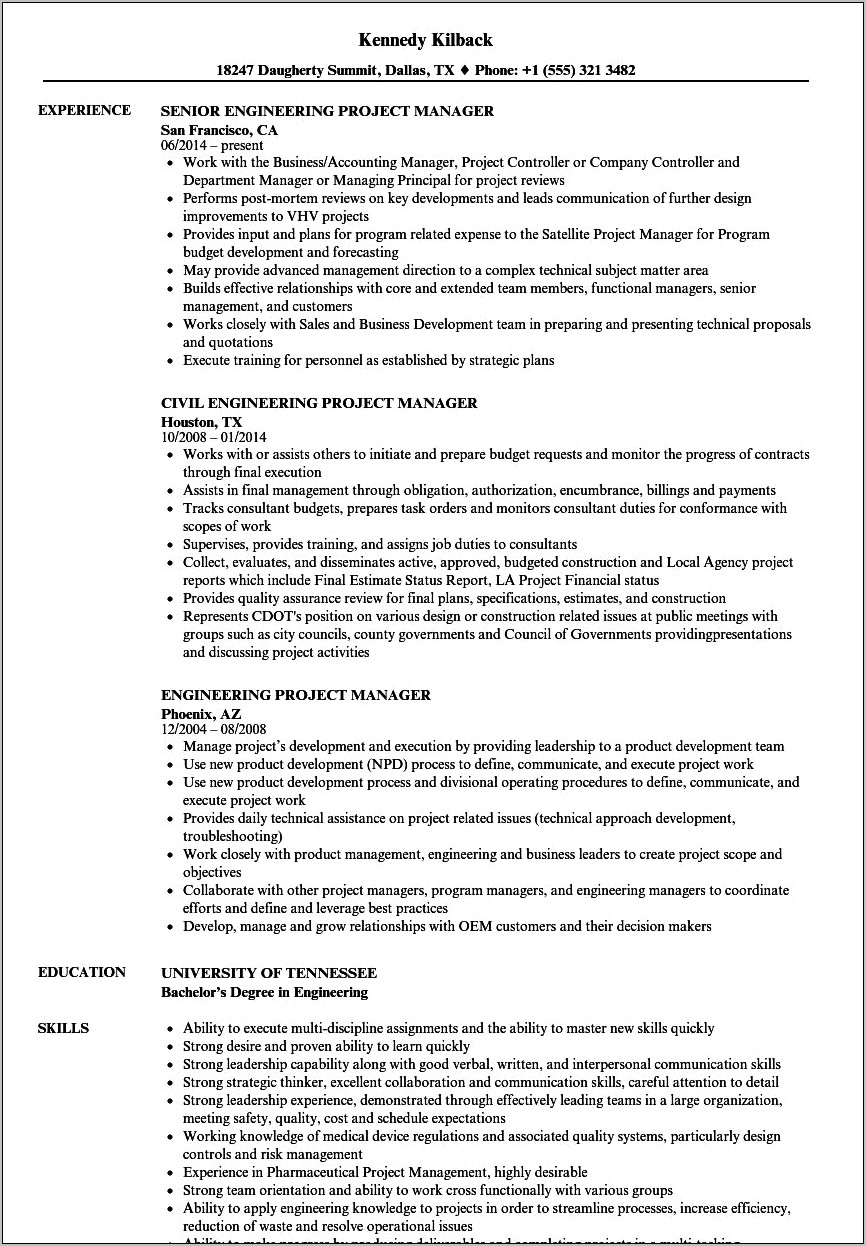 Civil Project Manager Resume Sample