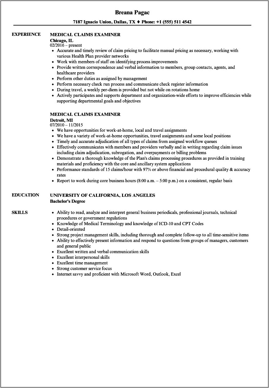 Claims Experience Health Insurance Sample Resume