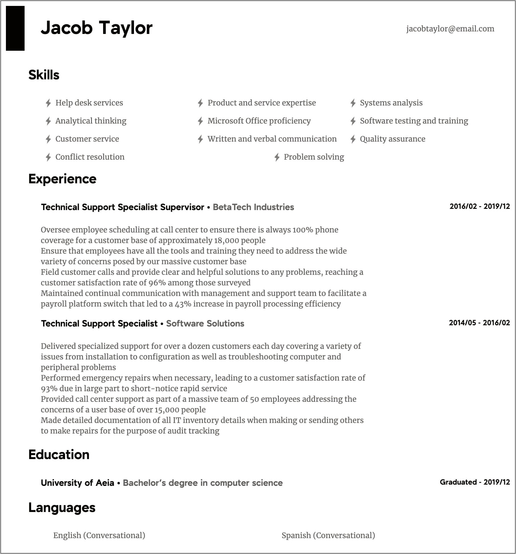 Client Service Technical Support Resume Examples