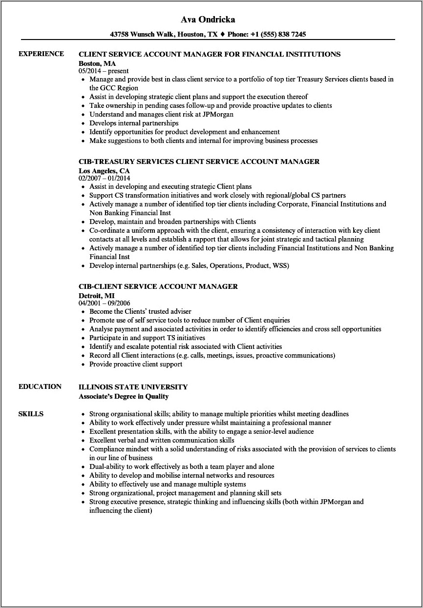 Client Services Manager Job Description For Resume
