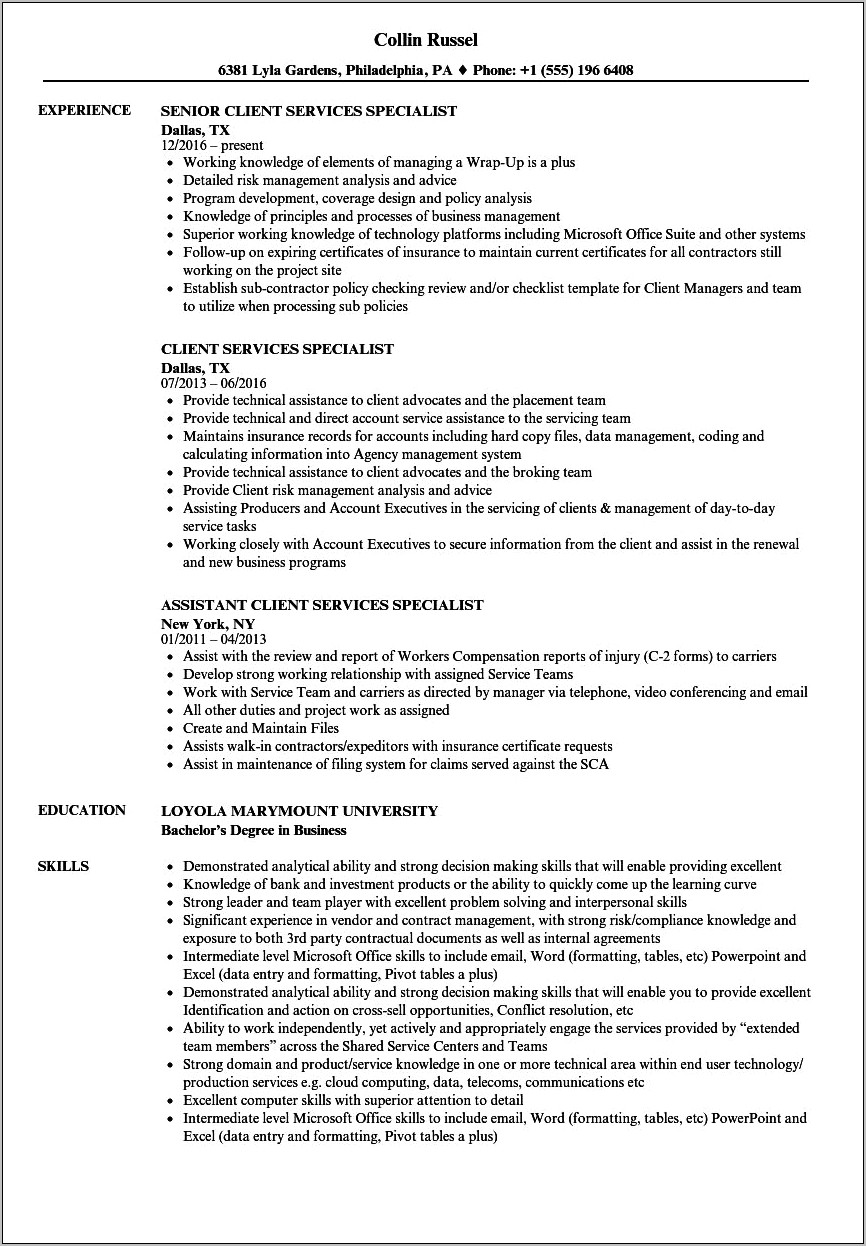 Client Specialist Job Description For Resume