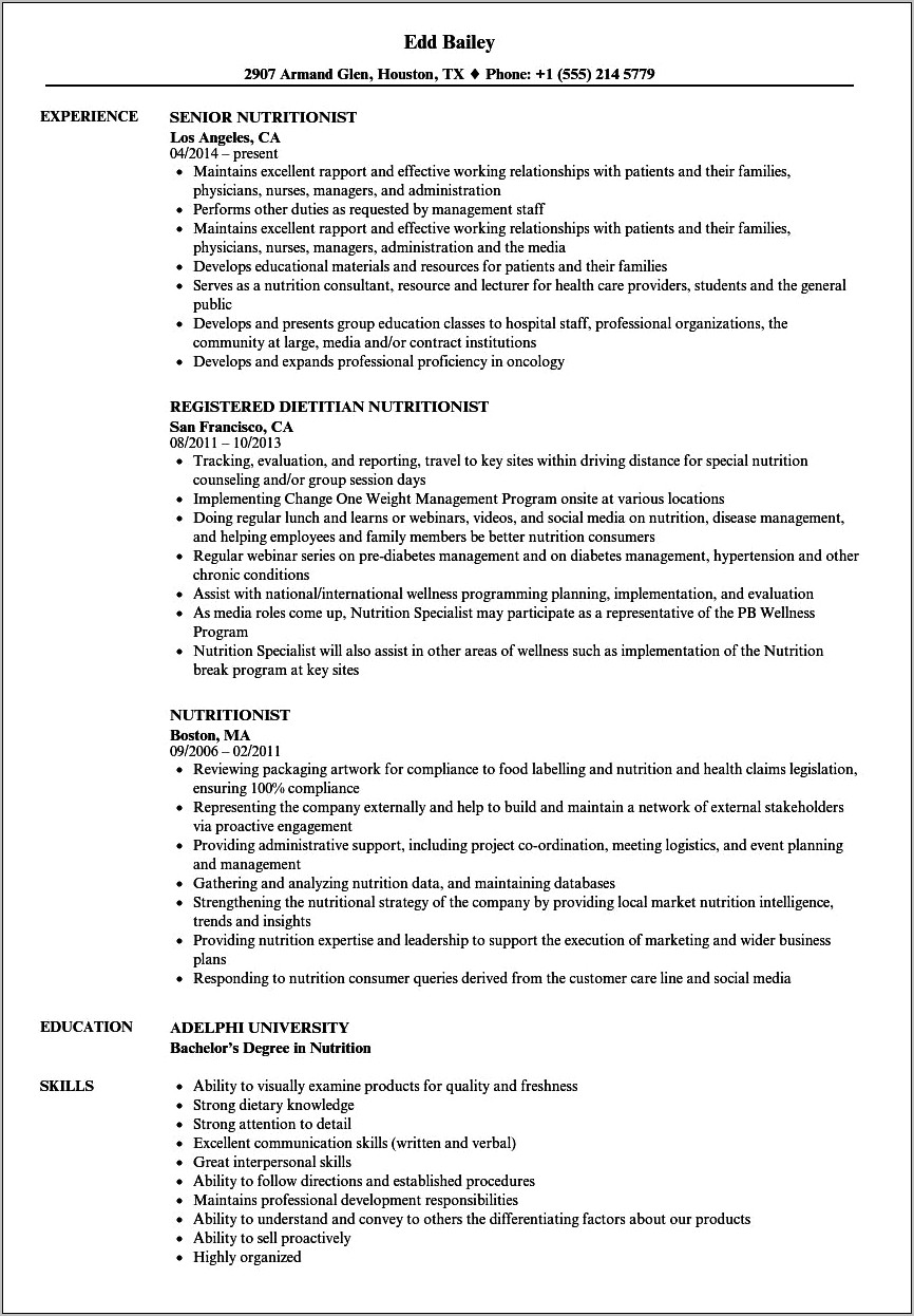 Clinical Dietitian Job Description For Resume