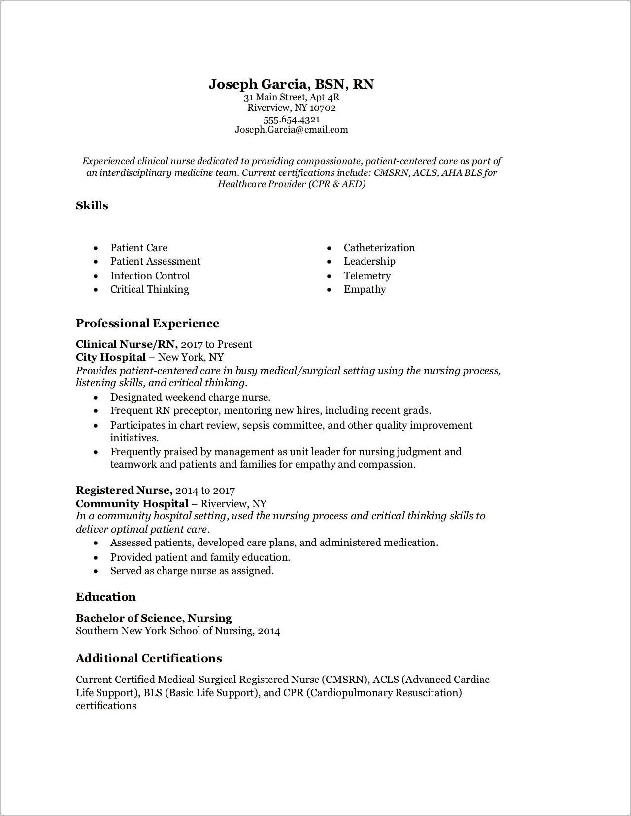 Clinical Experience On A Medical Surgical Floor Resume