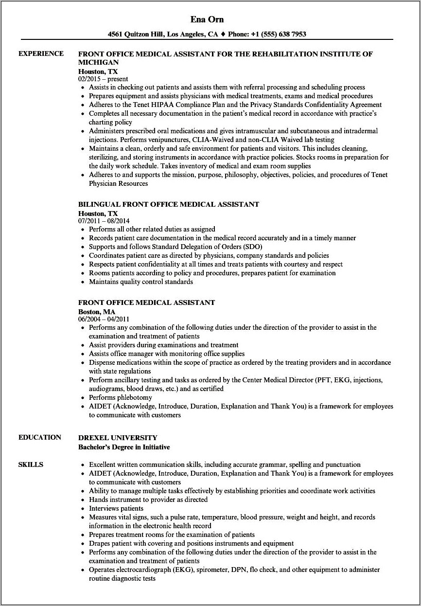 Clinical Medical Assistant Summary For Resume