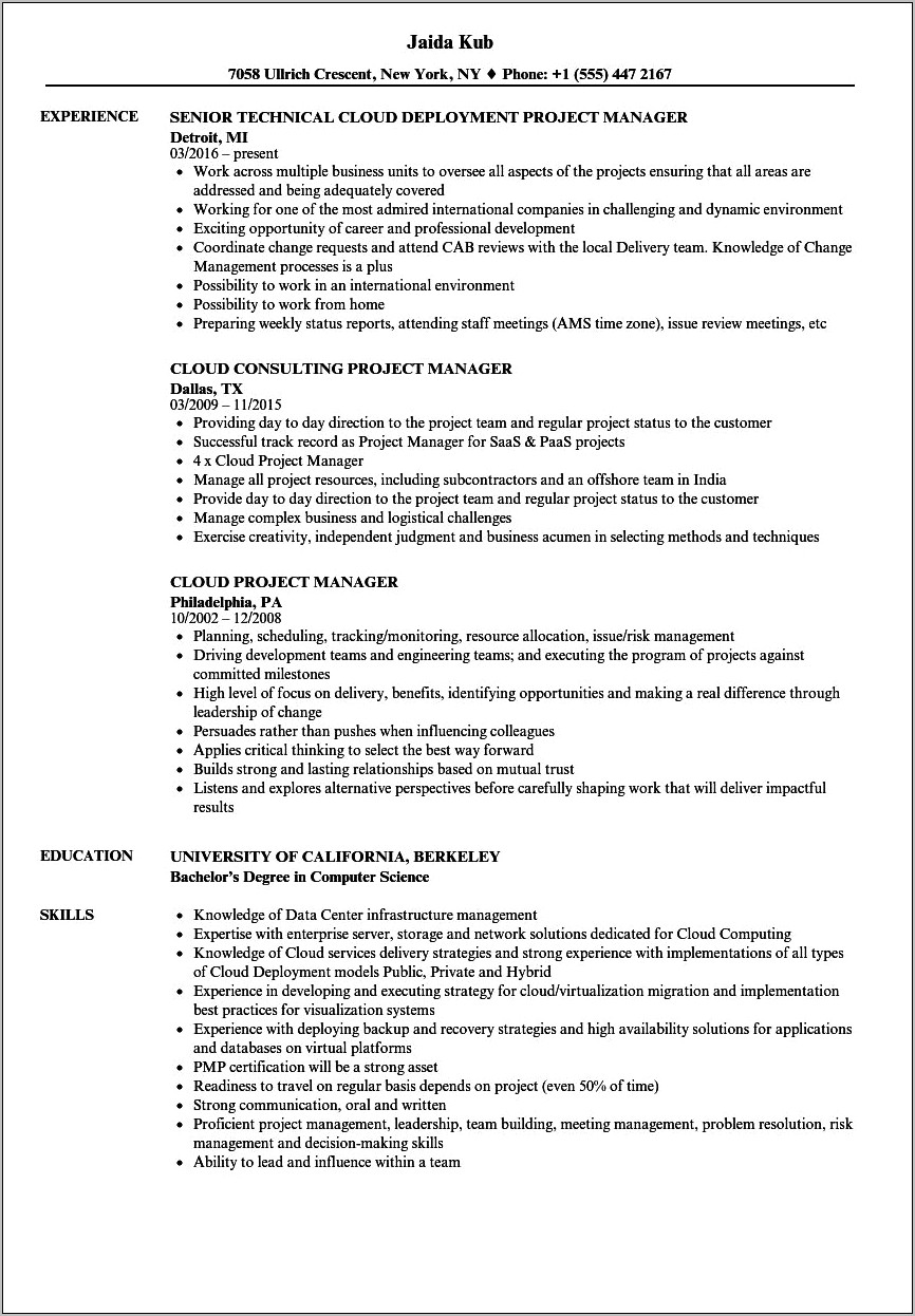 Cloud Infrastructure Project Manager Resume