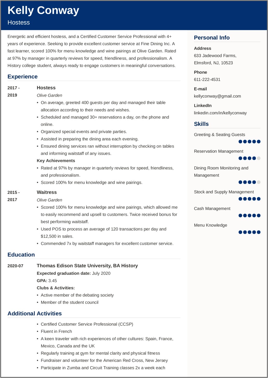 Club Hostess Job Description For Resume
