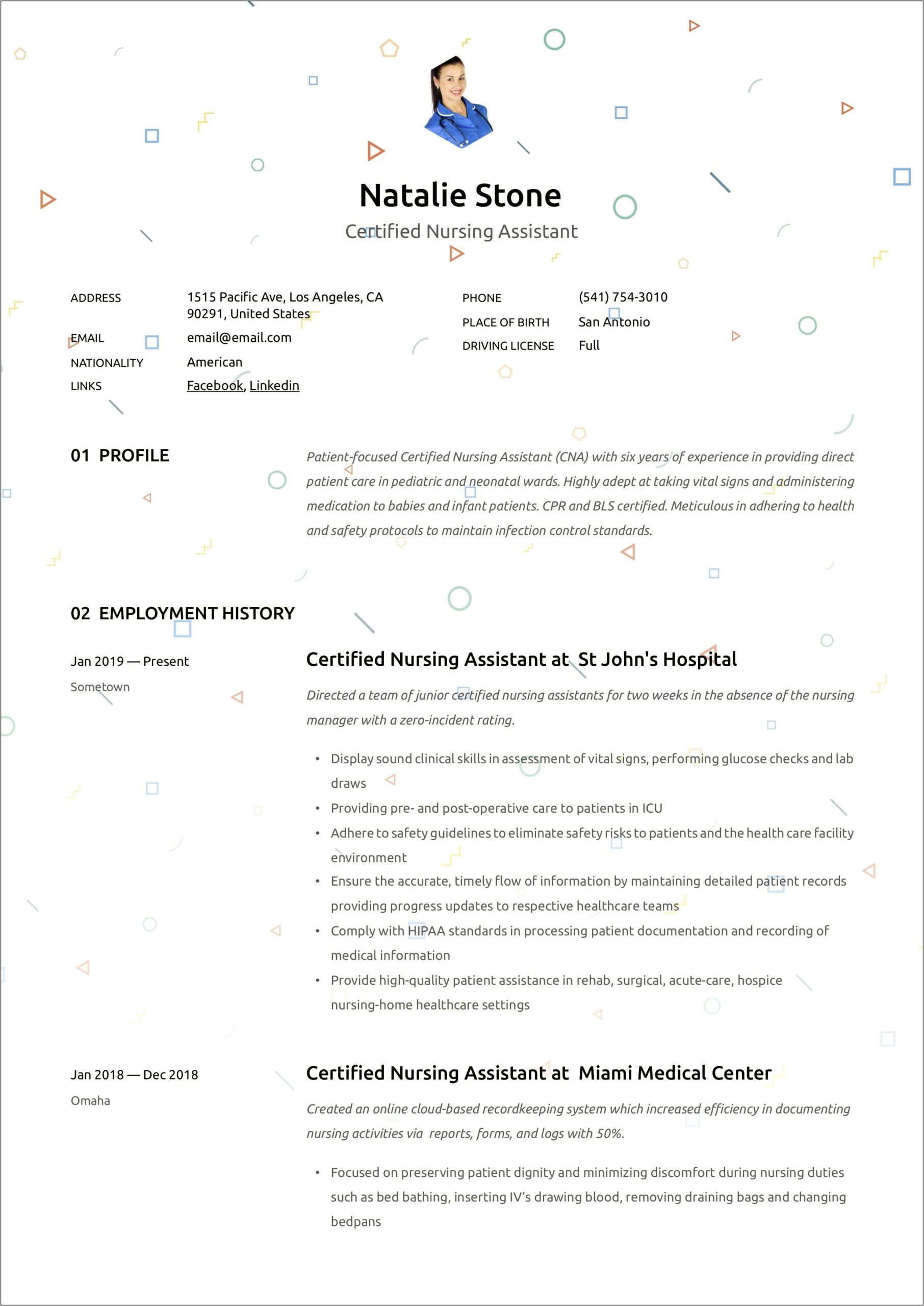 Cna Certified Nursing Assistant Resume Sample