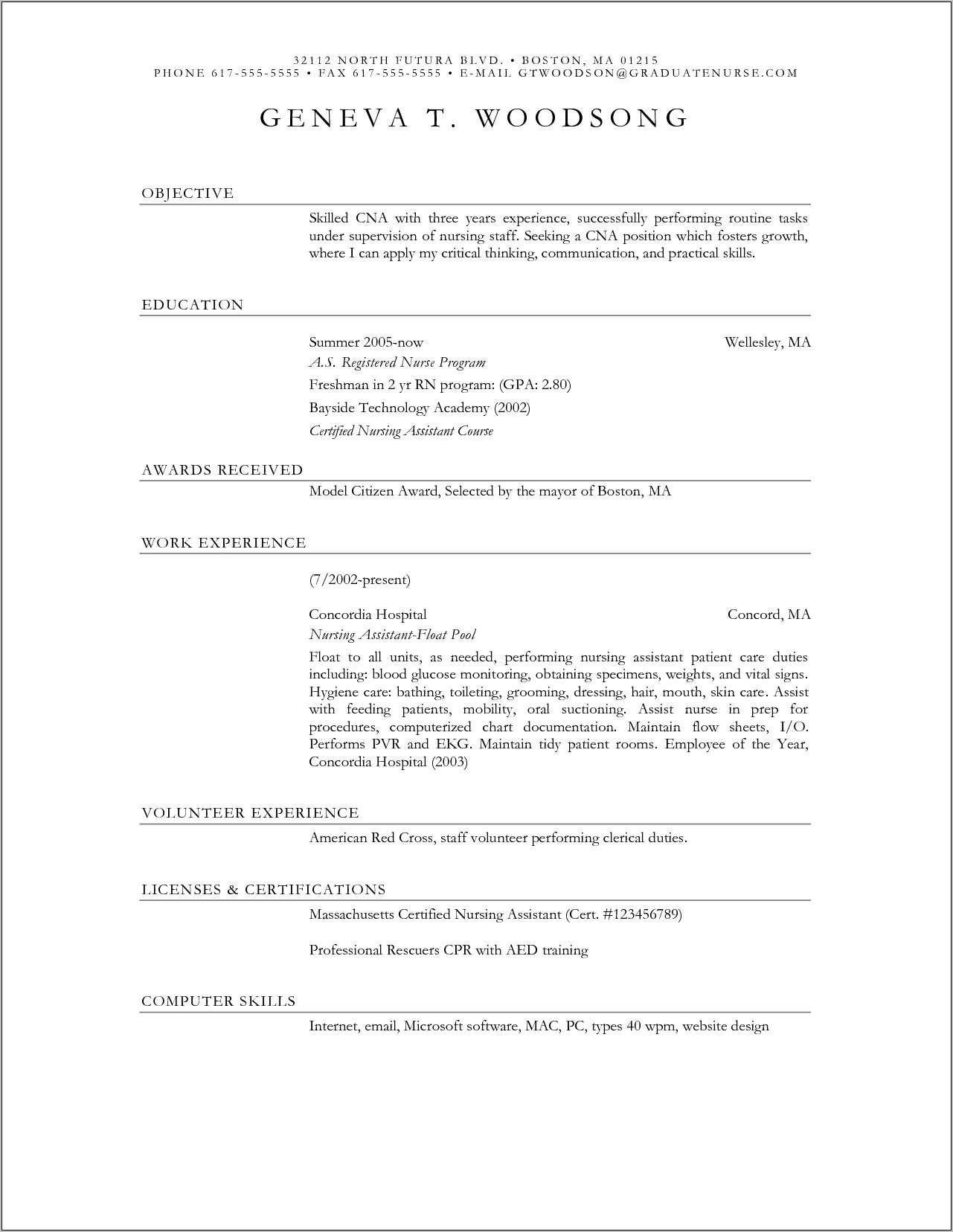 Cna Resume Format With No Experience