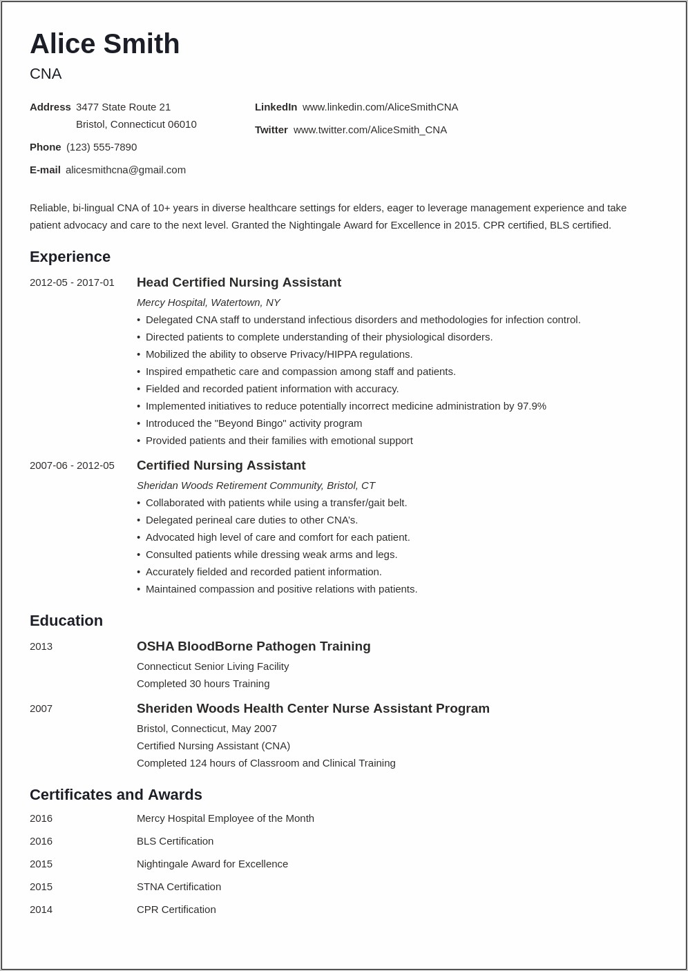 Cna Sample Resume Qualifications Bullet Points