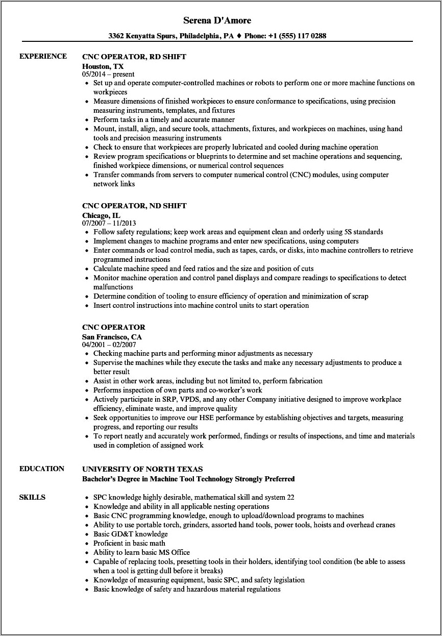Cnc Machine Operator Job Description For Resume