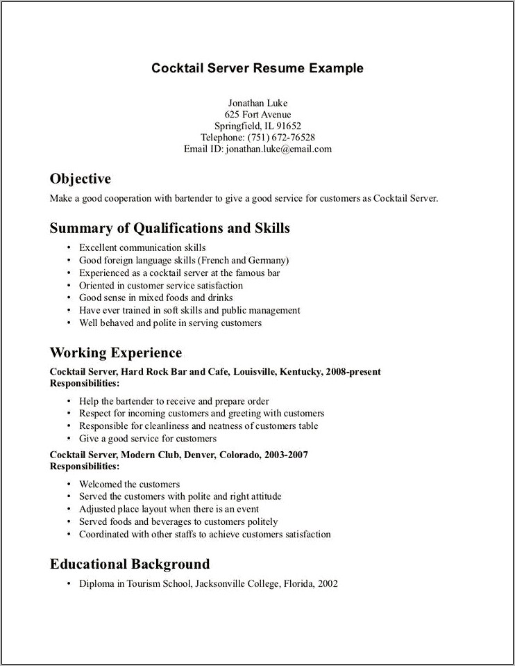 Cocktail Waitress Job Description For Resume