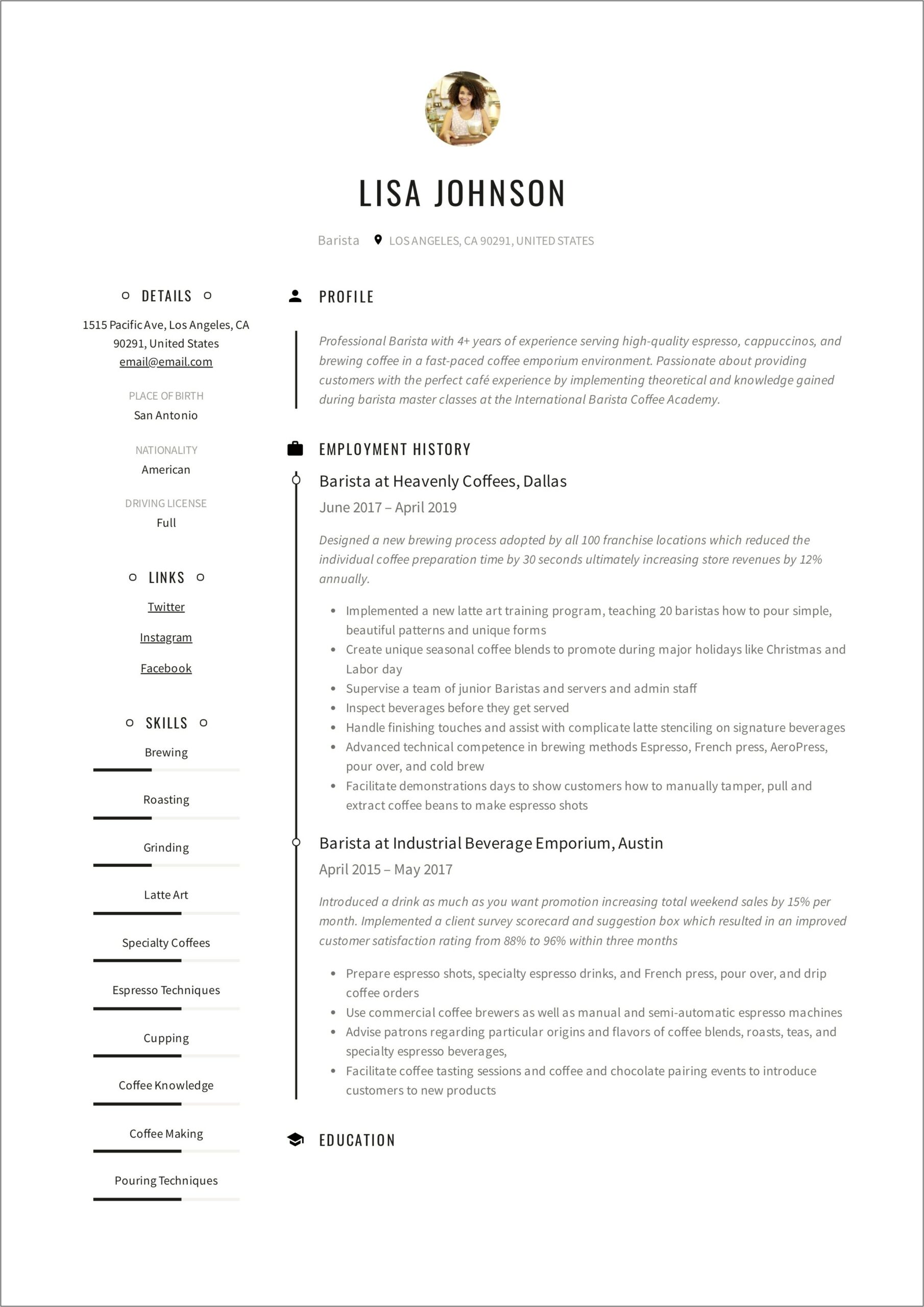 Coffee Maker Job Description Resume