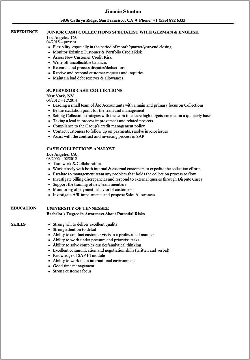 Collections Specialist Job Description On Resume