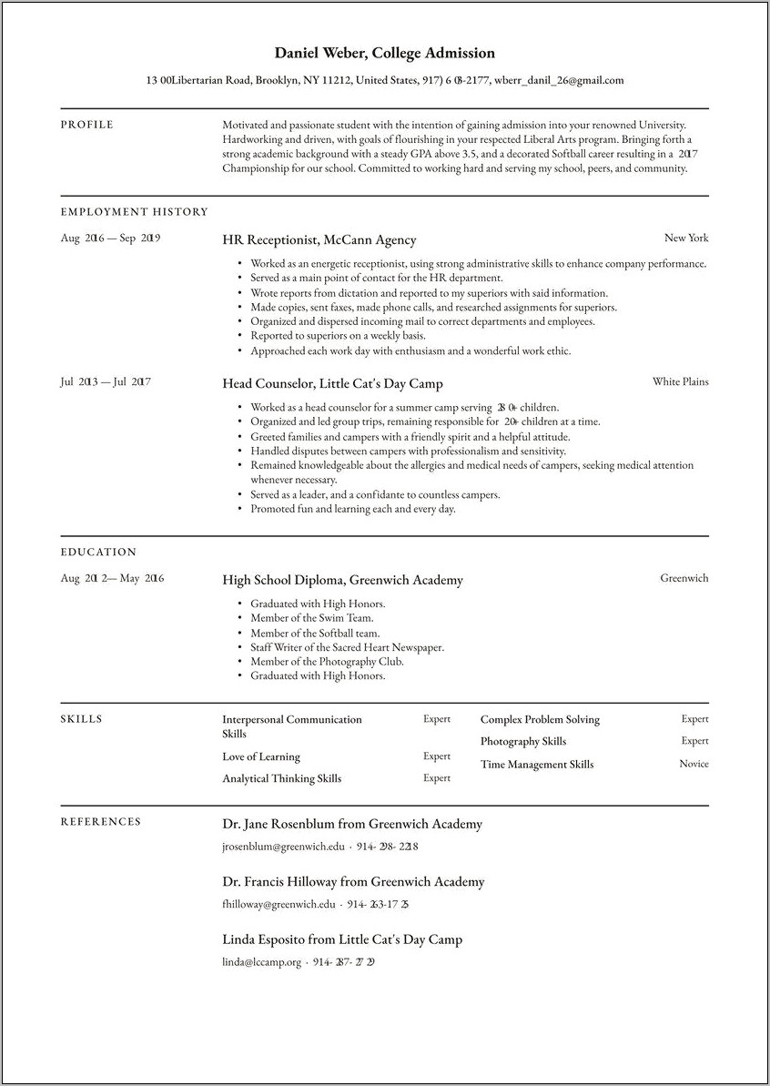 College Application Resume Examples With Hours Per Week