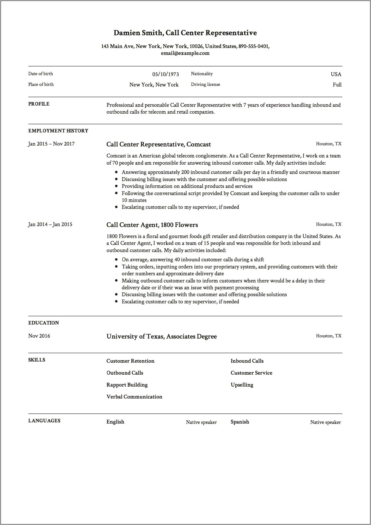 College Call Center Job Resume Description
