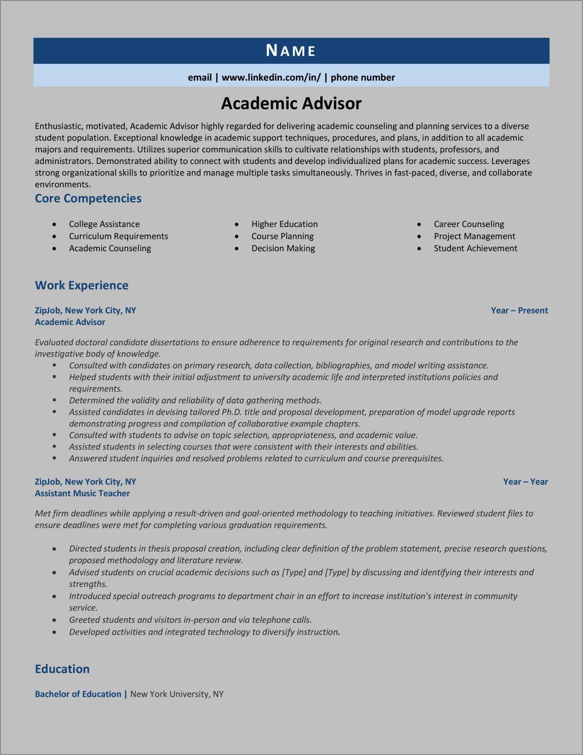 College Career Counselor Resume Sample