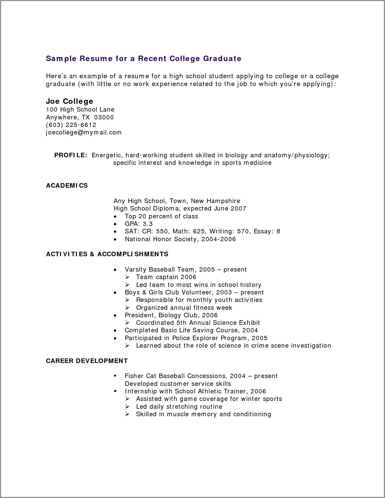 College Grad Resume With No Work Experience
