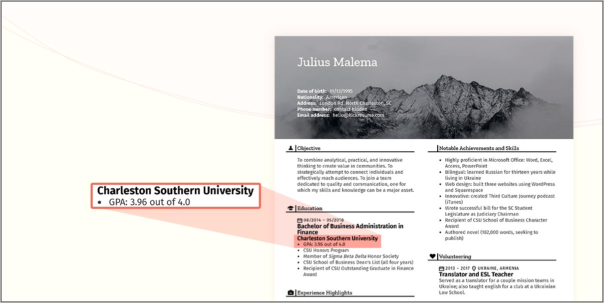 College Of Charleston Honors Resume Example