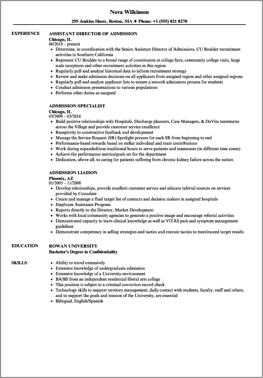 College Office Admissions Office Worker Resume
