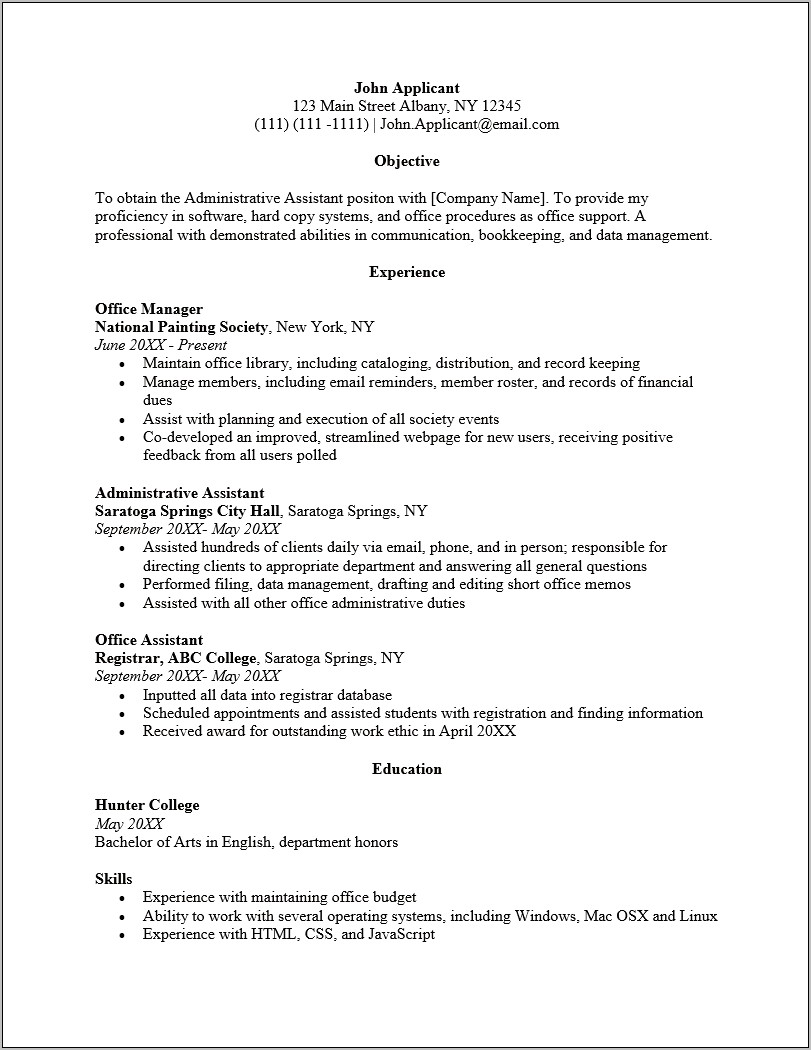 College Office Assistant Resume Sample