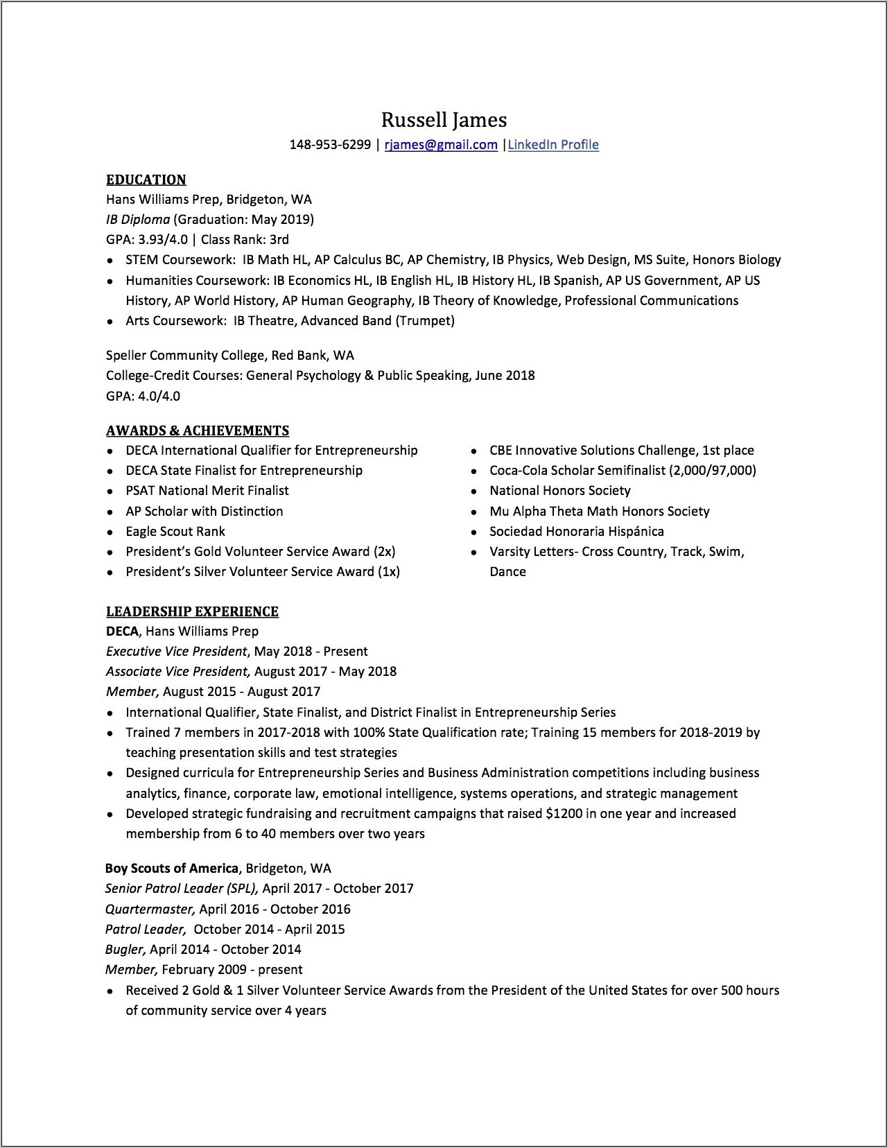 College Resume Including Significant High School Experience