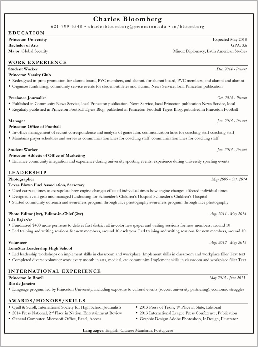 College Resumes For Internships Examples Indesign