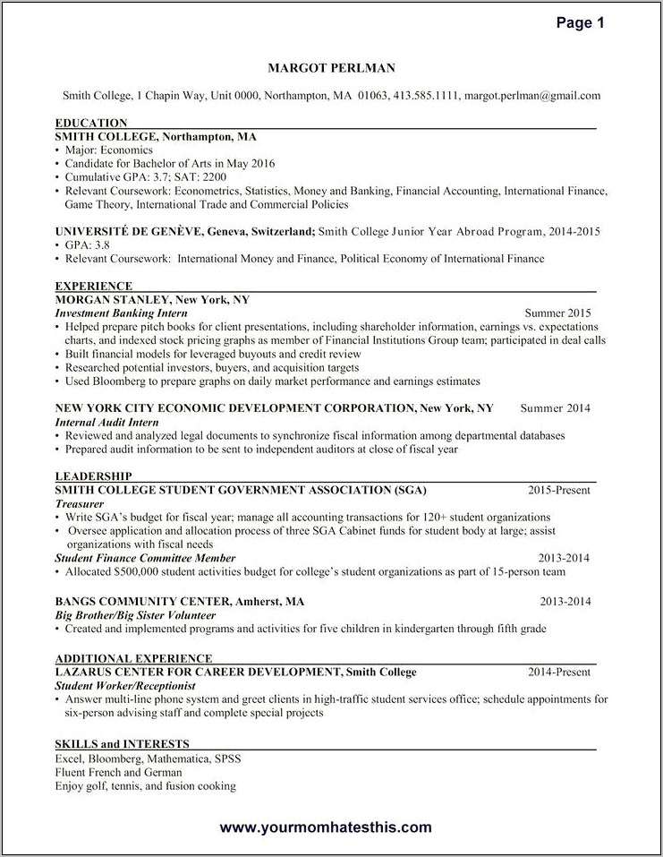 College Student Business Analyst Sample Resume