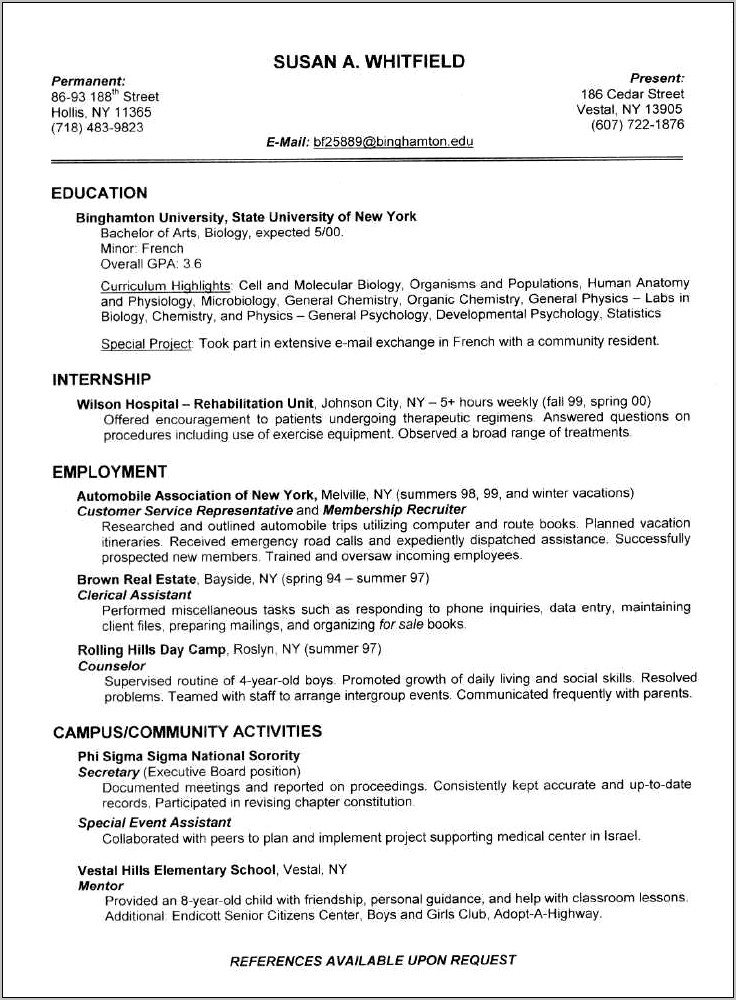 College Student Resume Examples 2016