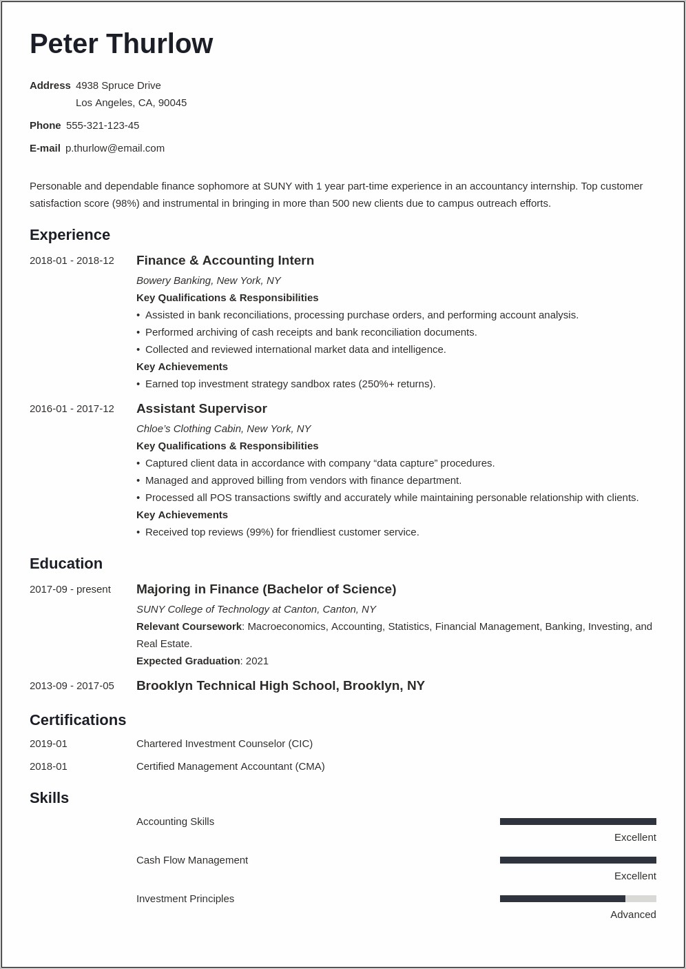 College Student Resume Examples For Internship