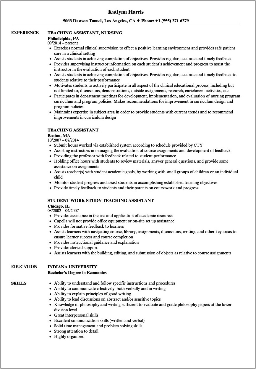 College Teacher Assistant Job Description For Resume