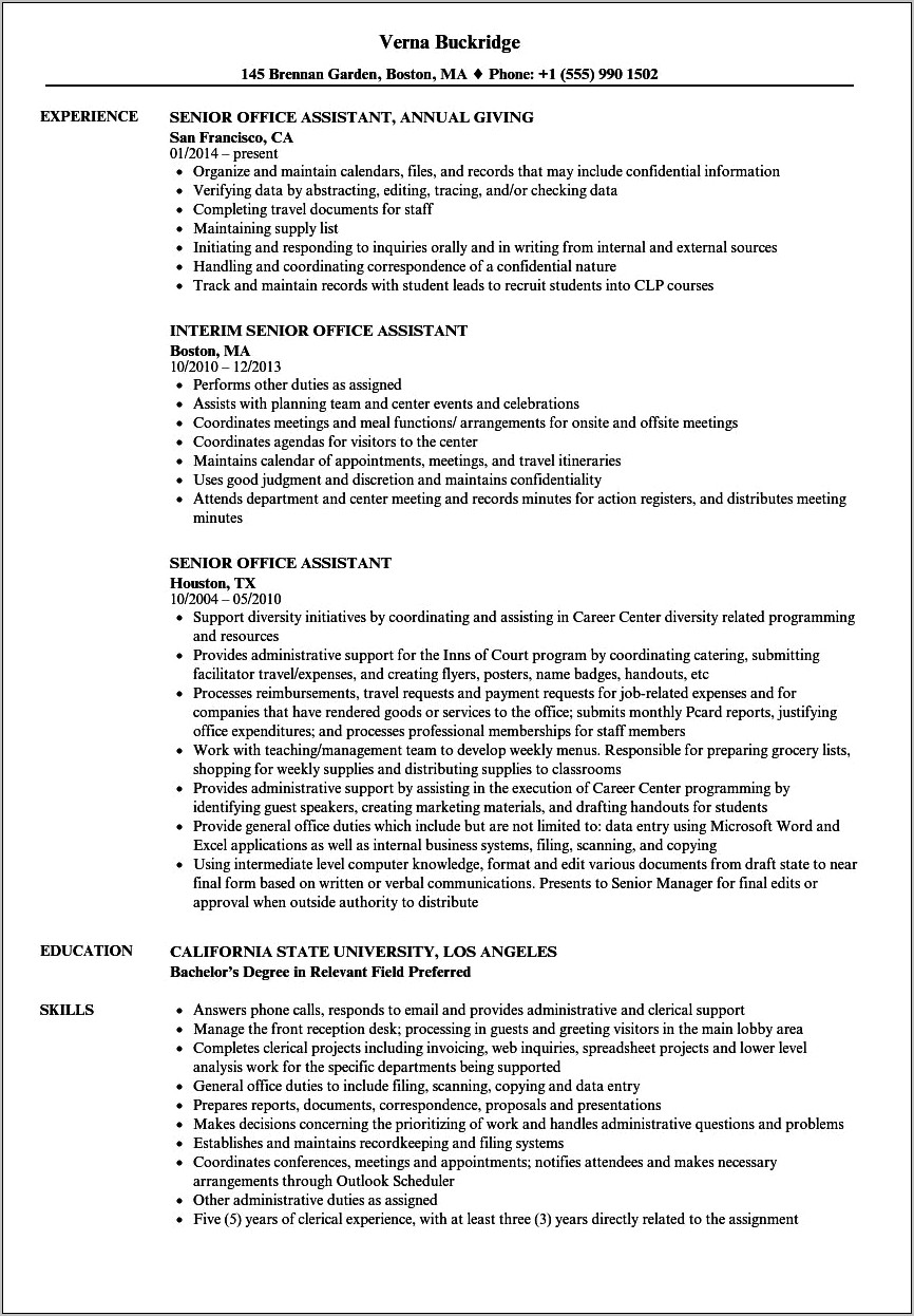 College Undegrad Sample Resume For Office Assistant Position