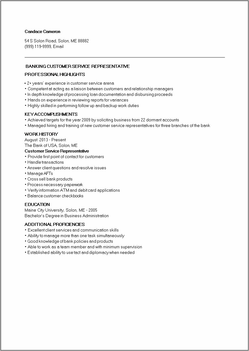 Columbia Bank Customer Care Job Description Resume