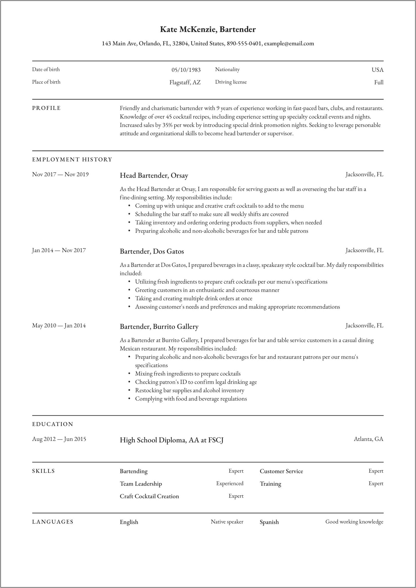 Combination Resume Sample From Bar Tender To Clerical