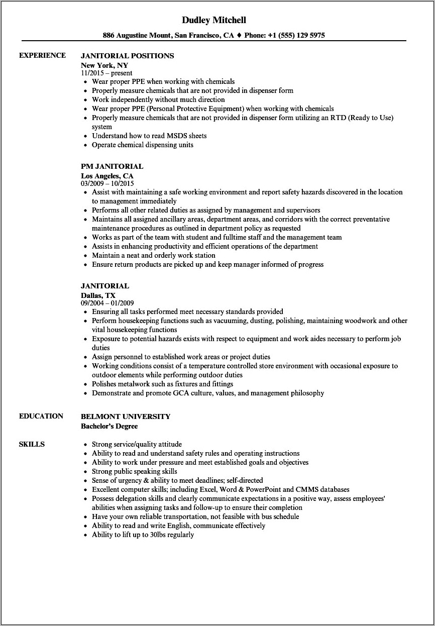Commercial Cleaner Job Description For Resume