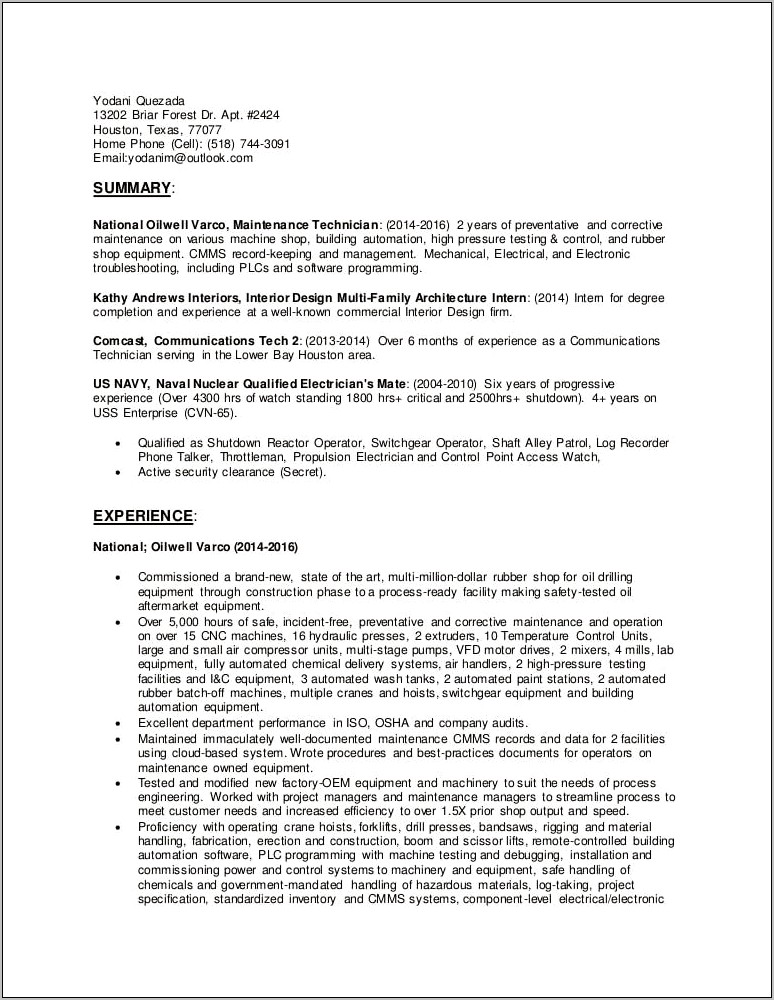 Commercial Electrician With 2 Years Experience Resume
