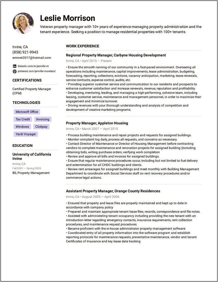 Commercial Property Manager Job Description Resume