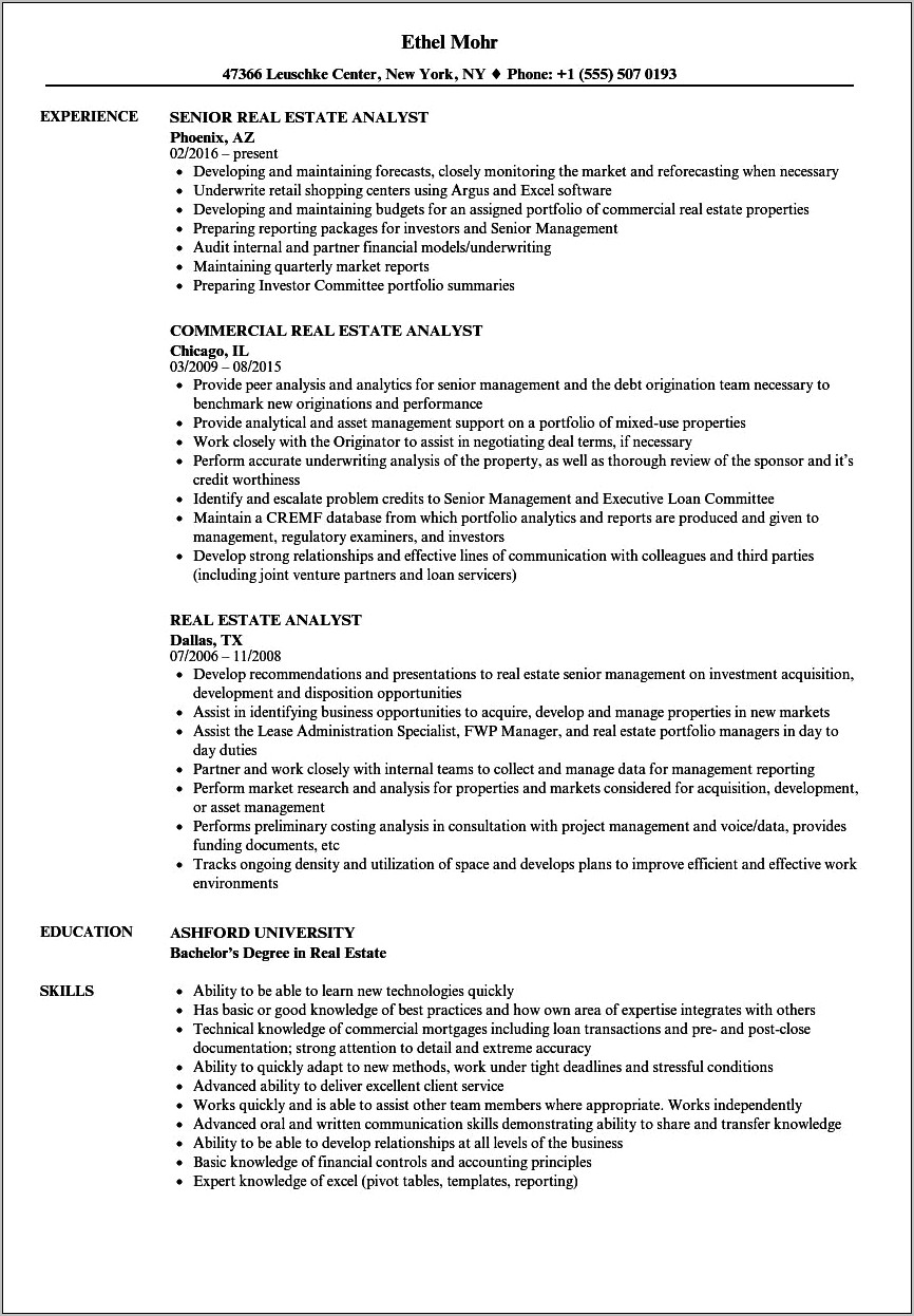 Commercial Real Estate Analyst Sample Resume