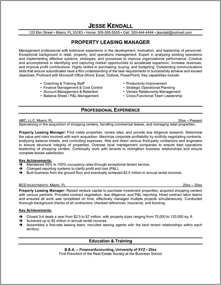 Commercial Real Estate Asset Management Resume