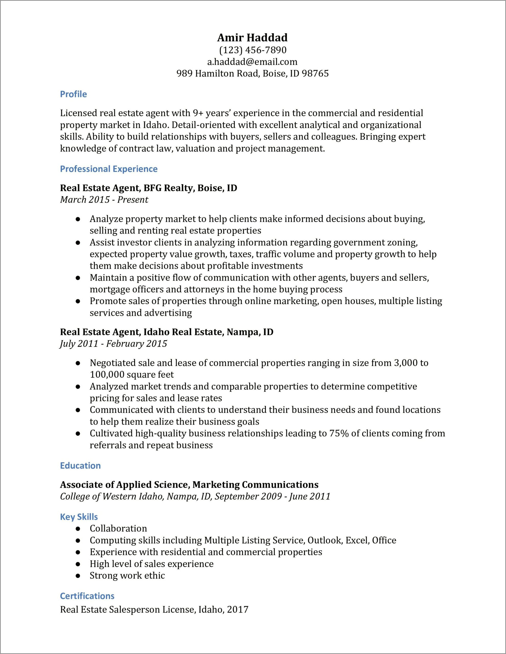 Commercial Real Estate Broker Resume Examples